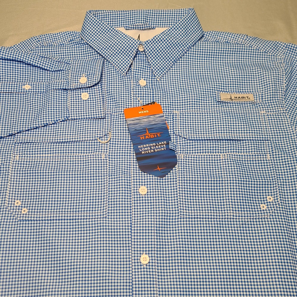 Habit River Shirt Men Large Blue Gingham Herring Lake Long Sleeve UPF 40 Fishing